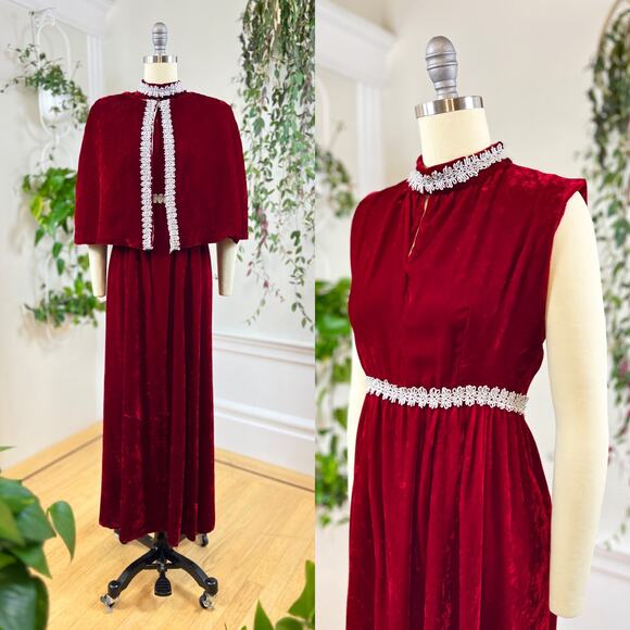 Vintage Dresses & Skirts - Vintage 1970s Dress Set 70s Red Velvet Party Matching Cape Holiday Formal Maxi